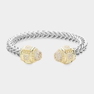 Clear CZ Stone Tip Twist Rope Cable Cuff Bracelet Bangle Textured Metal Two Tone